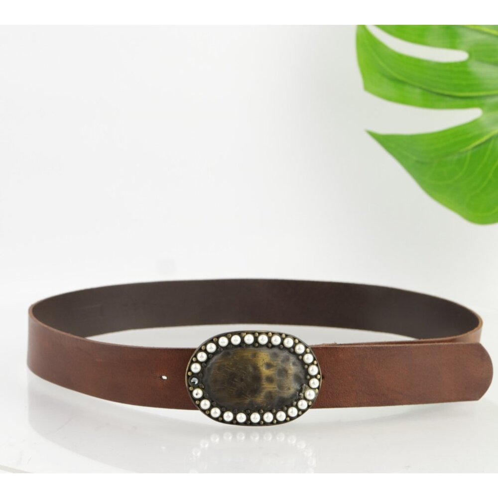 VTG Benetton Italy Womens Belt Size M Medium Hammered Metal Oval Buckle Pearls